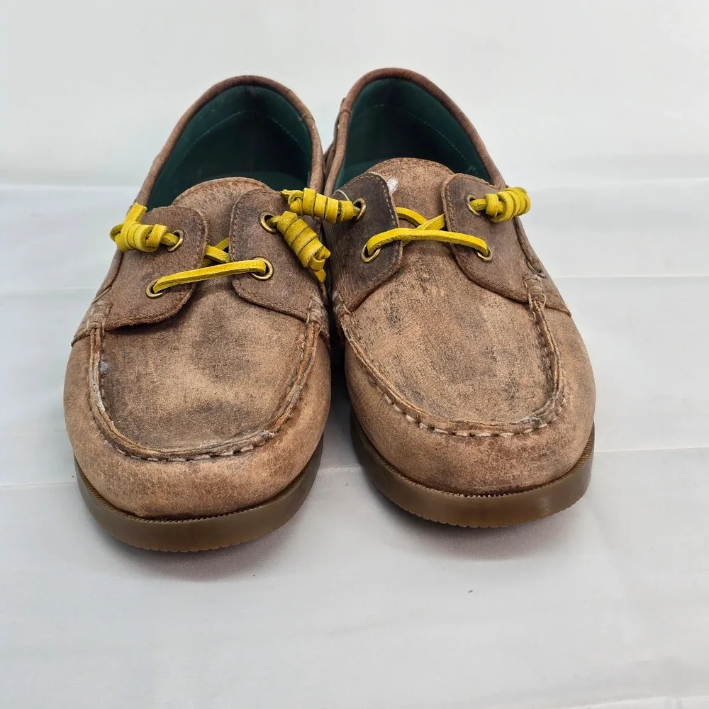 ROAN Women’s Brown Leather Boat Shoes with Yellow Laces